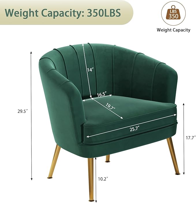 Andeworld Velvet Accent Chair, Upholstered Modern Single Sofa Side Chair,Comfy Barrel Club Living Room Armchair with Golden Metal Legs for Bedroom Living Reading Room Office, Green