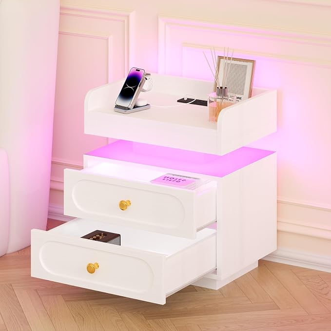 4ever2buy White Nightstand with Adjustable LED Lights and Charging Station Modern Bedside Table with 2 Drawers End Table for Bedroom - Image 7