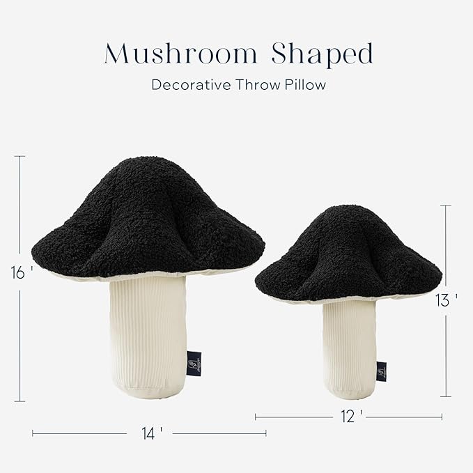 Phantoscope Mushroom Shaped Throw Pillow, Teddy Fleece Soft Mushroom Decorative Pillows Cute 3D Shaped Cushion for Couch Sofa Bed Chair,Black,16 x 14 inches