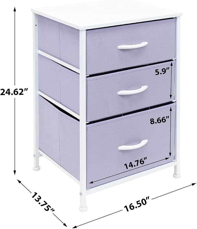 Sorbus Nightstand with 3 Drawers - Furniture Storage Chest Tower Unit for Bedroom, Hallway, Closet, Office Organization - Steel Frame, Wood Top, Pastel Fabric Bin (Purple) - Image 3
