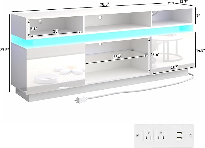 chartustriable LED TV Stand for 80 Inch TV, Modern Tall Entertainment Center with Power Outlets, High Gloss TV Stand, Gaming TV Media Console with Glass Shelf for Living Room, 71 Inch, White - Image 2