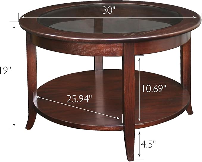 Leick Home Sheldon Coffee Table, Solid Wood, Round, with Glass Top and Shelf, Chocolate Oak, 10037