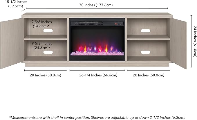 Henn&Hart Fluted TV Stand for TVs up to 75" with 26" Electric Crystal Rocks Fireplace and Ribbed Side Storage Cabinets for Living Room, Family Room, or Office, Beech White - Image 3