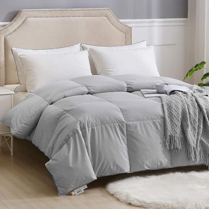 APSMILE Gray Feather Down Comforter California King, Organic All-Seasons Duvet Insert, 100% Cotton Quilted Medium Warm Bed Comforter (104x96, Cloud Grey)