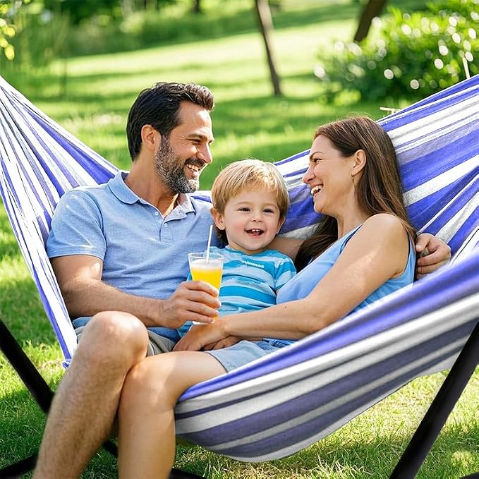 ANAGOO Double Hammock, Heavy Duty Portable, 500 lb Weight Capacity, Perfect for Both Indoors and Outdoors, 2 Person Hammock with Carrying Bag, Blue White - Image 2