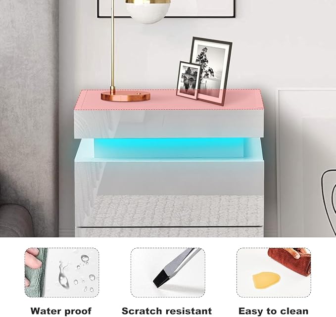 CLIPOP Modern Nightstand, LED Night Stand with 3 High Gloss Chest of Drawers, Bedside Table Cabinet with Remote Control Lights, Wood Matte Nightstand 21.6" Tall Bedroom Furniture, White - Image 6