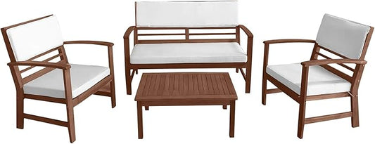 FDW 4-Piece Patio Conversation Set Acacia Wood Outdoor Sofa & Chairs with Coffee Table, Water-Resistant Cushions for Backyard, Garden, Balcony, Porch, Deck, Poolside, Beach Chat Set