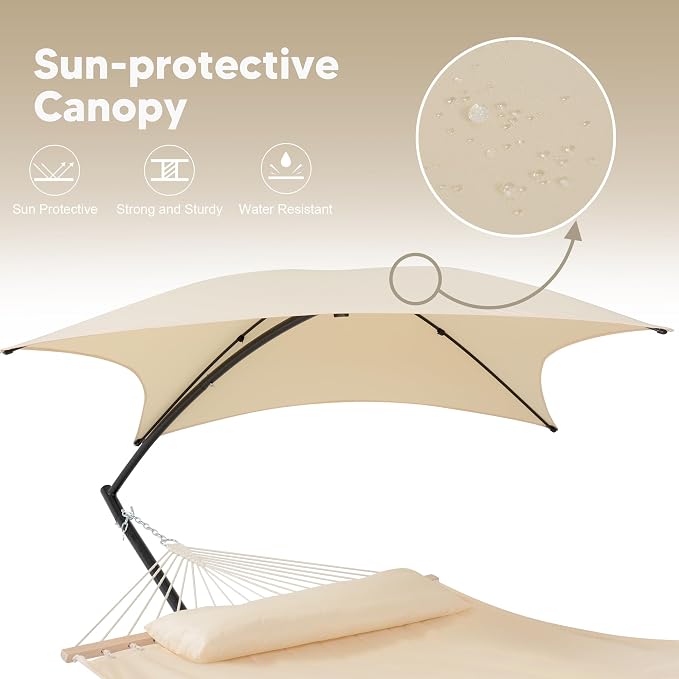 SUNCREAT Portable Outdoor Hammock with Stand, Sun-Protective Canopy, Double Hammock with Stand for Outside, Patent Pending, Beige - Image 3