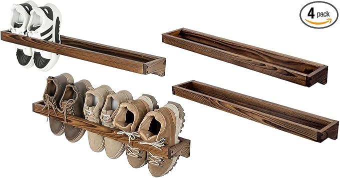 MyGift 30 Inch Rustic Burnt Solid Wood Hanging Shoe Rack, Set of 4 Wall Mounted Storage Organizer Footwear Holder for Closet, Mudroom, Entryway, Holds 12 Pairs by MyGiftHome