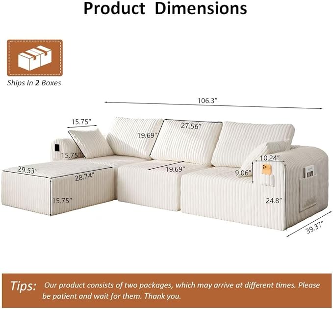 106" Boneless Couches for Living Room, Modular Sectional Sofa, L-Shape Sofa Couches,Cloud Couch Sectional, Comfy Corduroy Sofa, with Deep Seat, No Assembly Required (Beige, 3 Seater + 1 Ottoman)
