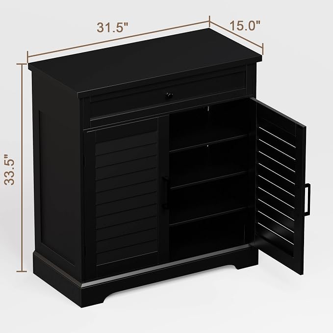 ChooChoo Shoe Cabinet with Doors, 4-Tier Shoe Storage Cabinet with Drawer and Shelves, Wooden Shoe Rack Organizer for Entryway, Hallway, Closet, Black - Image 2