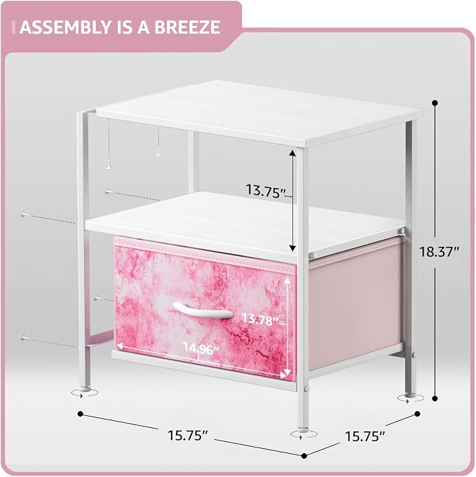 Sorbus 1 Drawer Shelf Storage Nightstand - Kids Bedside Furniture End Table Night Stand with Steel Frame Wood Top & Easy Pull Fabric Bins. Dresser & Chest for Home Bedroom Accessories Office & College - Image 3
