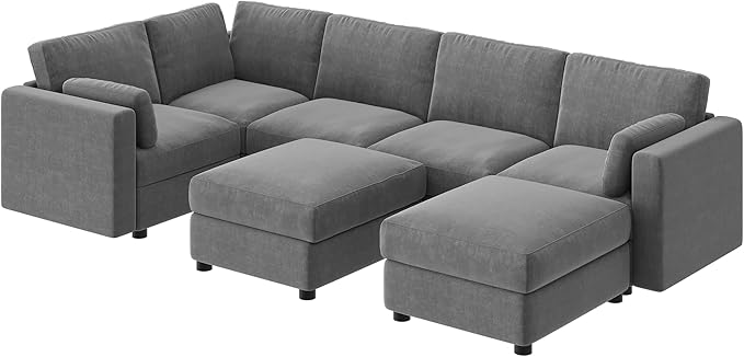 GarveeHome 138" Modular Sectional Sofa, 7 Seater Sectional Couch, U Shaped Sofa with Ottoman, Oversized Convertible Modular Couch for Living Room Apartment Office, Chenille Grey