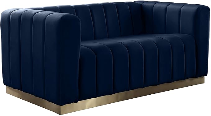 Meridian Furniture 603Navy-L Marlon Collection Modern | Contemporary Velvet Upholstered Loveseat with Deep Channel Tufting, Stainless Steel Base in a Brushed Gold Finish, Navy, 62.5" W x 34" D x 28" H