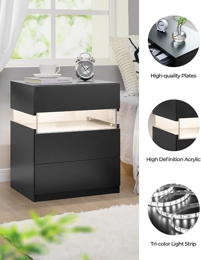 Bingoday LED Nightstand 3 Drawers Nightstand with LED Lights Tall Nightstand for Bedroom LED Bedside Tables for Bedroom Living Room - Image 3