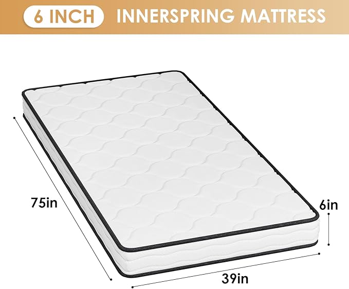 PayLessHere | 6 Inch Twin Mattress | Medium Firm Hybrid Mattress | White | with High-Density Foam and Breathable Cover | Pocket Spring Design, Pressure Relief | Bed in a Box, CertiPUR-US Certified