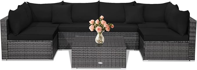 Tangkula 7 Piece Patio Wicker Furniture Set, Outdoor Rattan Sectional Sofa Set for 6 with Seat & Back Cushions, 2 Throw Pillows, Sofa Fastener Clips, for Backyard, Poolside, Deck and Garden (Black)