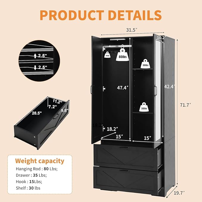 Black Armoire Wardrobe Closet with Mirror Door and LED Lights,72" Tall Farmhouse Bedroom Armoire with Drawers and Adjustable Shelves,Wooden Armoire Wardrobe Closet for Bedroom