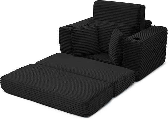 Eafurn 52.4" Oversized Chaise Lounge Indoor with Foldable Ottoman Convertible Boneless Sleeper Sofa Bed, Deep Seat Lounge Chair with Cup Holder & Side Pocket, No Assembly for Living Room | Breathable material, Cupholders