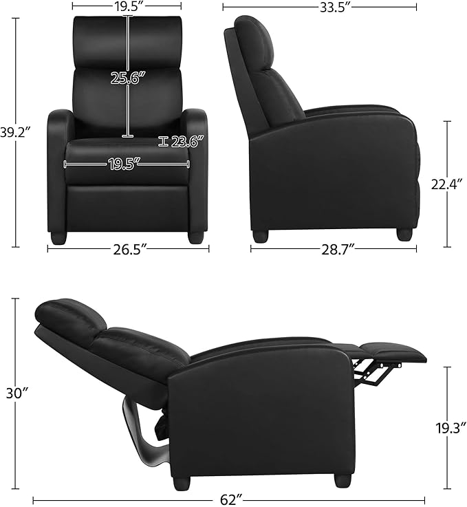 Topeakmart Recliner Chair PU Leather Adjustable Modern Single Reclining Chair with Pocket Spring Living Room Bedroom Home Theater Black