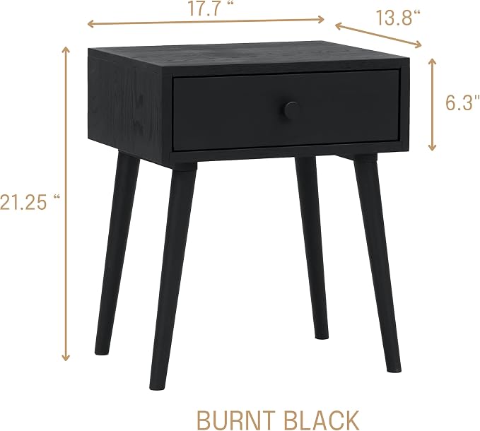 NTC Solid Oak Lux Nightstand with Drawer, Mid Century Modern Side Table Bedroom, Bedside Furniture, Night Stand, End Table, Easy Assembly - Burnt Black - Image 2