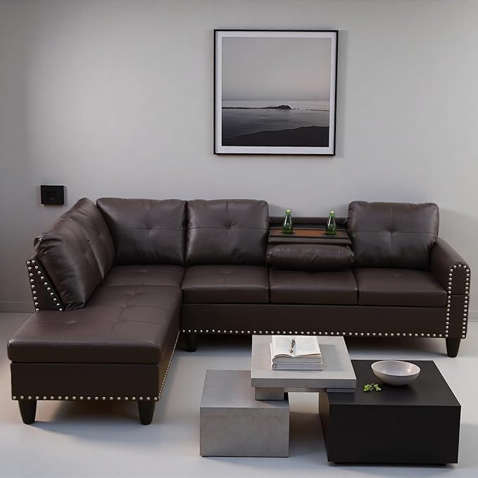 L Shape Sectional Couch with Chaise, 97.5 Inch Modular Sofa with Cup Holders, Sectional Couches for Living Room, Ergonomic Reclined Backrest, for Office and Small Apartment, Brown