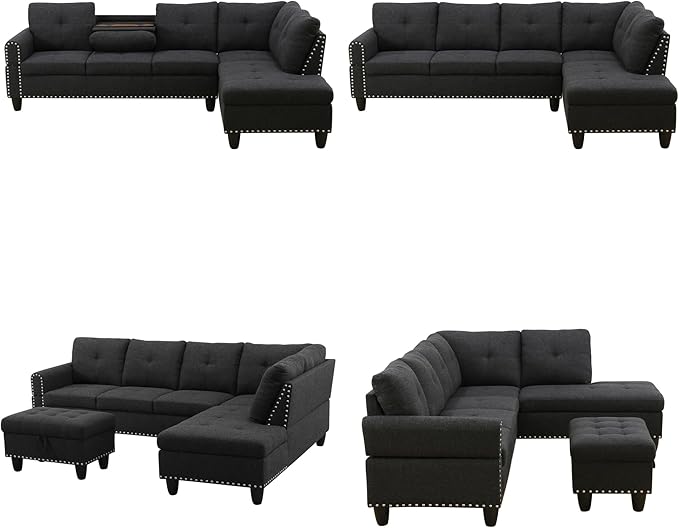 Sectional Couches for Living Room, Convertible 4 Seat Modular Sectional Sofa Set for Living Room, L Shaped Couch or U Shaped Couch with Storage Ottoman for Apartment, Dark Grey