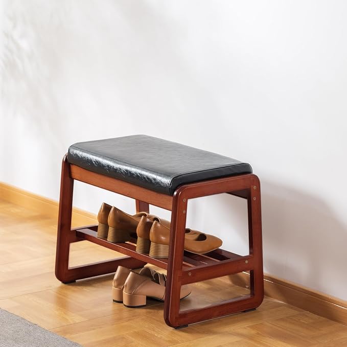 Solid Wood Shoe Bench, 2-Tier Wooden Entryway Bench, Modern Shoe Rack with Faux Leather Cushion for Hallway, Living Room (Black, 21.65'') by SOBIBO