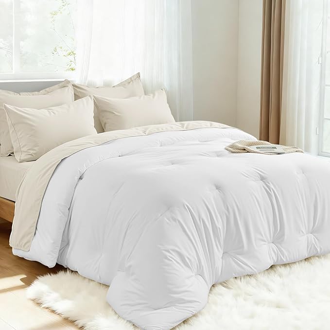 Comforters Queen Size, All Season Quilted Bed Comforter, Ultra-Soft Down Alternative Duvet Insert with 4 Tabs, Lightweight Bedding Blanket - Machine Washable, White