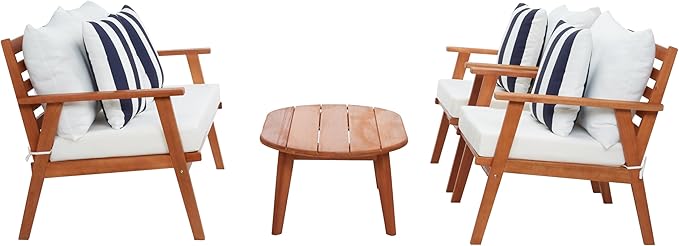 SAFAVIEH Outdoor Collection Deacon Natural Acacia Wood/Beige Cushion 4-Piece Conversation Patio Set with Accent Pillows