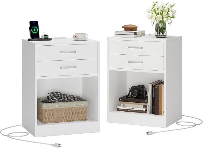 ADORNEVE Nightstands Set of 2,White Night Stand with Charging Station & Drawers,Night Stands for Bedrooms 2 by ADORNEVE