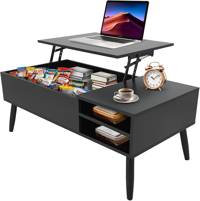 NChanmar Coffee Table for Living Room, Lift Top Coffee Table with Adjustable Storage and Hidden Compartment, Wood Center Table, Living Room Furniture for Home, Office-Black