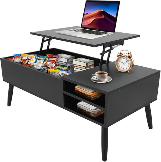 NChanmar Coffee Table for Living Room, Lift Top Coffee Table with Adjustable Storage and Hidden Compartment, Wood Center Table, Living Room Furniture for Home, Office-Black
