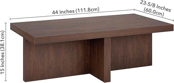 Henn&Hart 44" Rectangular Pedestal Low-Profile Coffee Table for Living Room, Family Room, or Office, Alder Brown