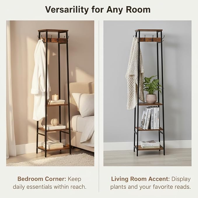 Coat Rack Freestanding, Coat Stand with 3 Shelves and 7 Hooks, Hall Tree Free Standing, Clothes Rack Stand Organizer, Industrial Style, Rustic Brown and Black - Image 6