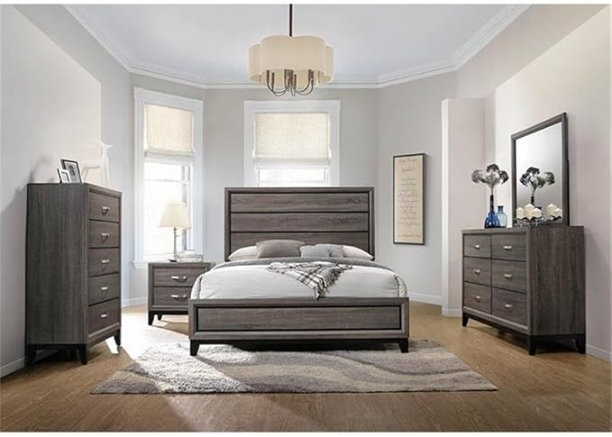 Stonecroft Furniture Sunset Avenue 5 Piece Queen Bedroom Set, Gray Oak Finish, Asian Hardwood Construction, Includes Bed, Dresser, Mirror, Chest, and Nightstand, Traditional Style Master or Guest