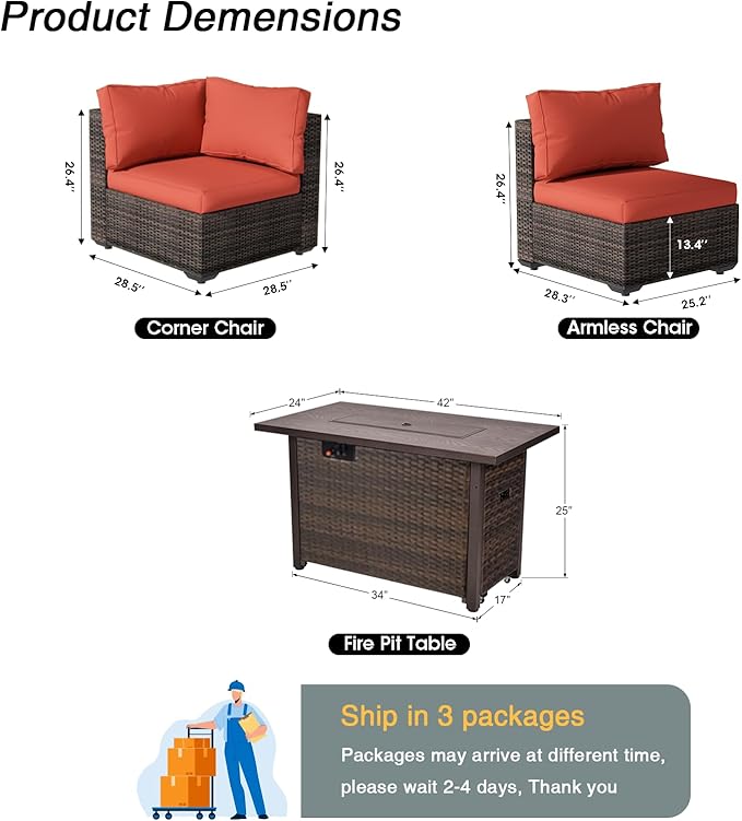Patio Furniture Set 7 Pieces with 44" Fire Pit Table, Rattan Outdoor Sectional Conversation Sets, All Weather Outdoor Furniture Set with Cushions for Garden Lawn Balcony Porch Deck Red