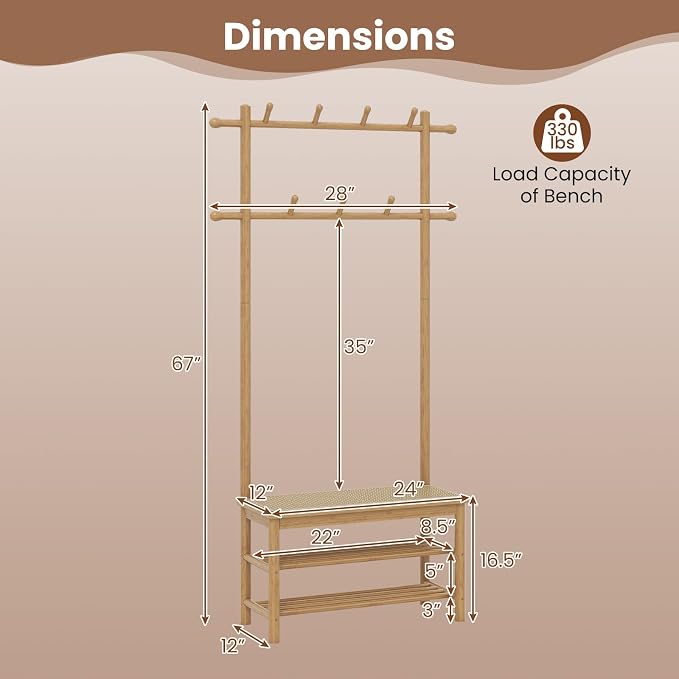 Giantex 3-in-1 Hall Tree with Bench and Shoe Storage, Bamboo Coat Rack Freestanding w/PE Rattan Bench, 11 Hanging Rods, 3 Tier Shoe Rack, Narrow Mudroom Storage Organizer for Entryway Bedroom,Natural - Image 7