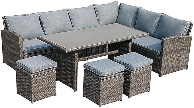 JOIVI Outdoor Patio Furniture Set, 7 Piece Patio Dining Sofa Set, Outdoor Sectional Couch Conversation Set All Weather Wicker Rattan Aluminum Desktop Dining Table & Chair with Ottomans, Gray Cushion