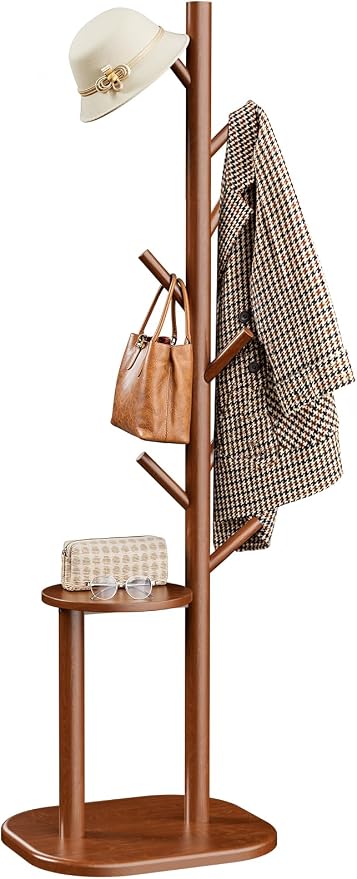 Pipishell Coat Rack, Freestanding Hall Tree with 8 Hooks & Storage Shelf, Solid Wood Base, 66.3″ Tall Coat Rack Stand for Coats, Hats, Bag in Entryway, Bedroom, Living Room, Brown, PIFCR11BN by Pipishell