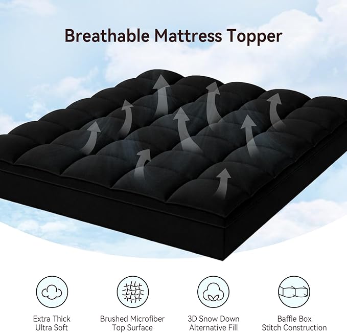 ABENE Mattress Topper King for Back Pain Relief, Extra Thick Mattress Pad Pillowtop, Soft Mattress Protector Cover with 8"-21" Deep Pocket, Overfilled Down Alternative Filling (Black, King)
