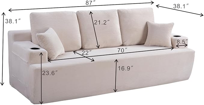 87'' Cloud Loveseat Sofa Couch in a Box with Cup Holders and Side Pockets, 3 Seater High-Density Foam Boneless Love Seat with Deep Seating for Living Room | Breathable material, Anti-slip