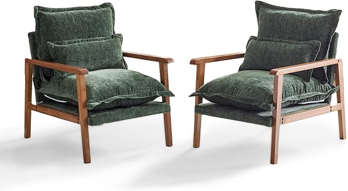 VINGLI Mid-Century Modern Cloud Accent Armchairs set of 2 with Lumbar Pillow, 6.3'' Thick Seat Cushion Reading Chairs with Wooden Armrests,Boho Lounge Chair for Bedroom,Living Room,Chenille,Dark Green