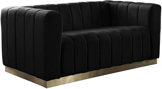 Meridian Furniture 603Black-L Marlon Collection Modern | Contemporary Velvet Upholstered Loveseat with Deep Channlel Tufting and Brushed Gold Finish, Black, 62.5" W x 34" D x 28" H