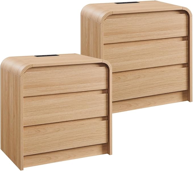 Aitjunz 25" Tall Modern Nightstand Set of 2, 23.6" Wide Wood Bedside Table with Charging Station, 3 Storage Drawers Side Table w/Curved Profile Design,End Table for Bedroom, Natural Oak by AITJUNZ