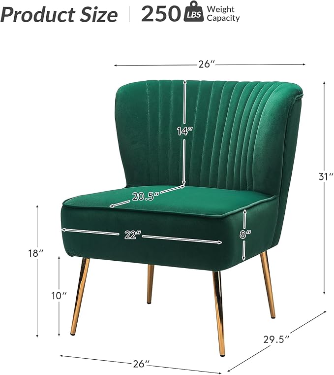 HULALA Home Velvet Accent Chair, Modern Upholstered Cute Side Chair with Gold Metal Legs, Armless Wingback Slipper Chair Comfy Living Room Chair for Bedroom Guest Room Vanity, Green