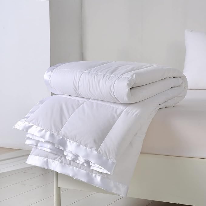 APSMILE Lightweight Down Feather Fibers Blanket, Summer Cooling Down Feather Fibers Comforter Twin Size, Ultra-Soft Breathable Thin Bed Quilt Duvet with Satin Trim(Twin, Cream White)