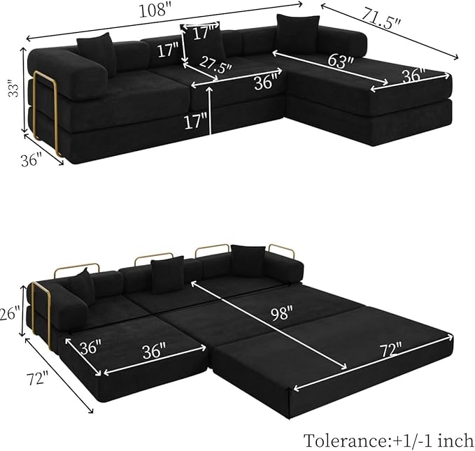 Eafurn L Shaped Convertible Sleeper Sofa Bed King Size Sleeper Sofabed, 7-in-1 DIY Combination Corduroy Folding Mattress Couch with Fixed-Shape Frame, Boneless Floor Sofa Couch