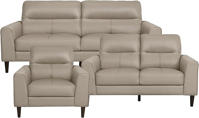 Lexicon 3 Piece Living Room Furniture Sets,Top Grain Leather Match Living Room Sofa Set, Track Arms, Solid Wood Legs, Comfy Couches Including Chair, Loveseat & Sofa, 3 Pieces, Latte