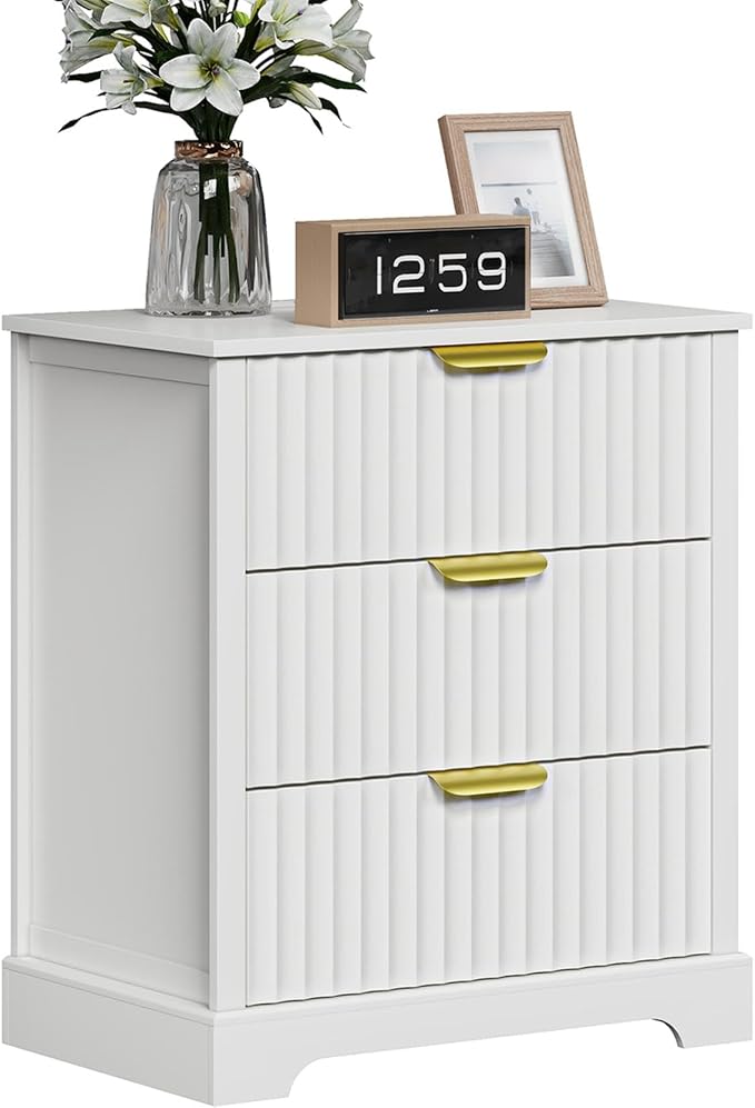 Fluted Nightstand with Charging Station, Modern Night Stand with 3 Drawers and Metal Handles, Large Bedside Table for Bedroom, White - Image 7